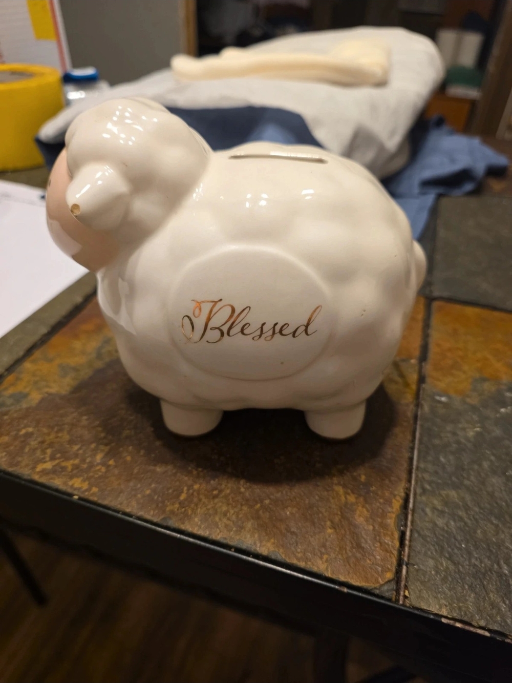 Cream 'Blessed' Ceramic Sheep Coin Bank